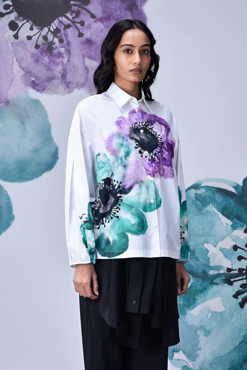 Genes Lecoanet Hemant Anemone Flower Relaxed Fit Shirt- White Green
